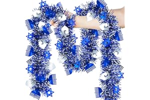 FAICLRR 50FT Hanukkah Decorations Tinsel Garland, Blue Silver Shiny Metallic Tinsel Twist Hanukkah Garland with Menorah Star of David Dreidel Ornaments for Chanukah Home Tree Indoor Outdoor Party Decor
