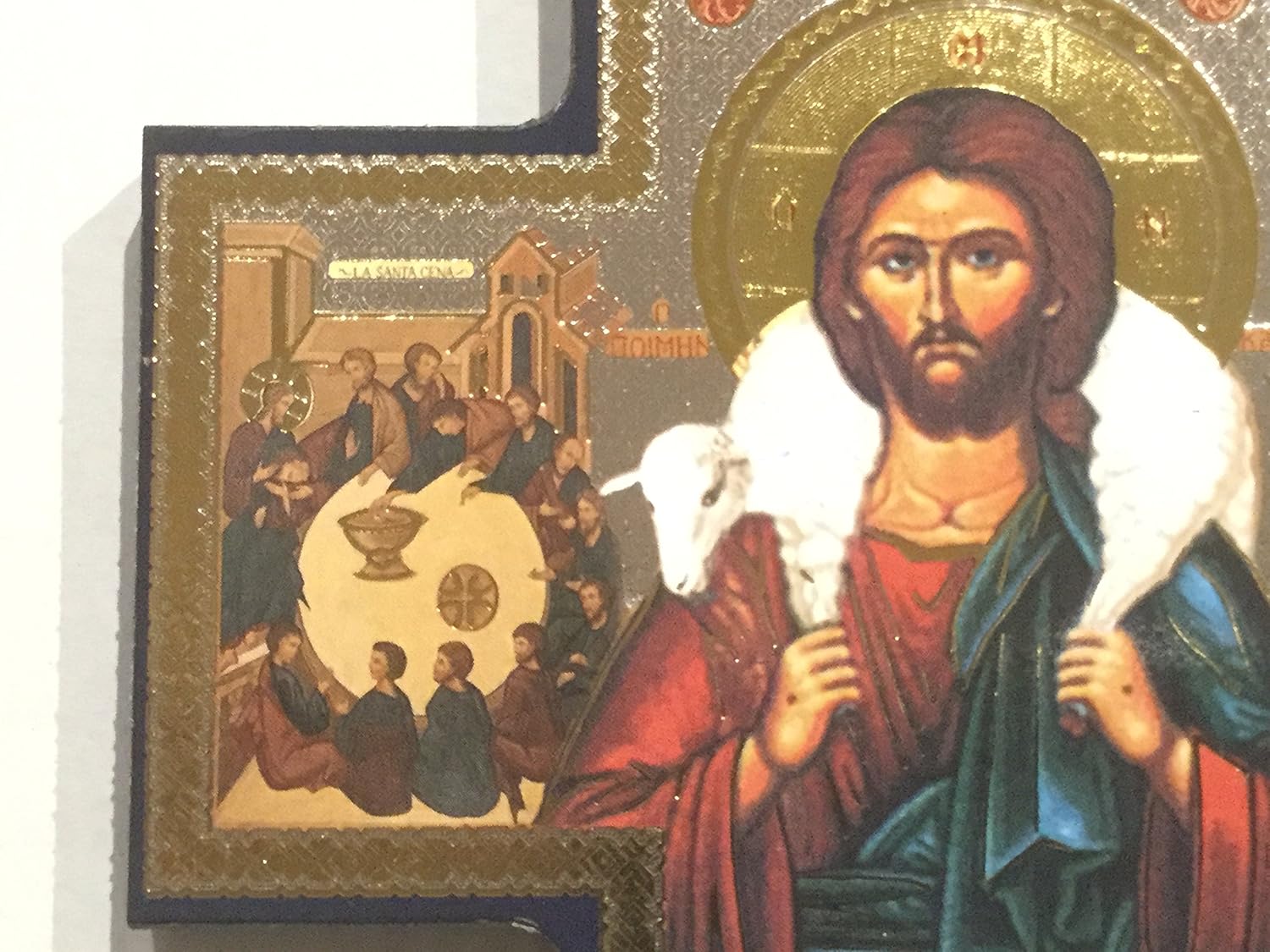 Jesus Good Shepherd Cross Shaped Gold/Silver Metallic Picture Hanging Icon Style 6" x 6" Religious Gift, Gold,silver, 15cm x 15cm - Image 3