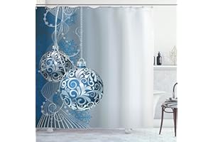 Ambesonne Christmas Shower Curtain, Abstract Pattern Snowflake Motifs Curlicues on Baubles Season, Cloth Fabric Bathroom Decor Set with Hooks, 69" W x 70" L, Blue Pale Blue White