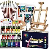 KEFF Oil Paint Set for Adults and Kids - Art Supplies Painting Kits with 24 Oil Paints, Stretched Canvas, Art Easel, Brushes, Palette, Knives and Paper Pad
