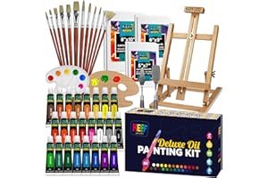 KEFF Oil Paint Set for Adults and Kids - Art Supplies Painting Kits with 24 Oil Paints, Stretched Canvas, Art Easel, Brushes, Palette, Knives and Paper Pad