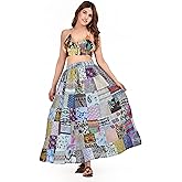 Women's Hippie Bohemian Indian Patch Maxi Long Gypsy Cotton Skirts with Right Hand Side Pocket, One Size Fits All(Waist 26-36 inches) Blue