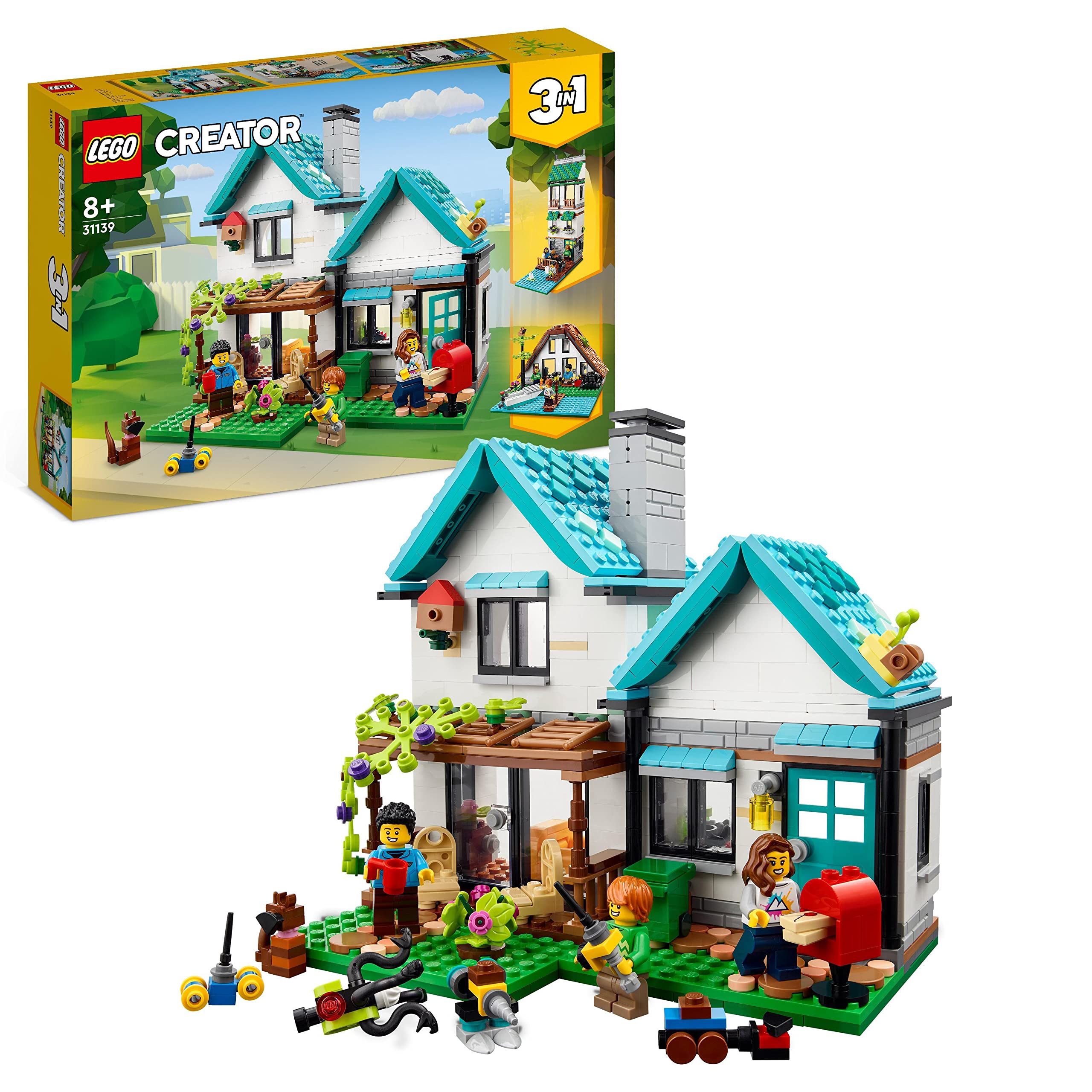 LEGO 31139 Creator 3in1 Gemütliches Haus Set, Modellbausatz mit 3 verschiedenen Häusern Plus Familien-Minifiguren und Zubehör, Geschenk für Kinder, Jungen und Mädchen