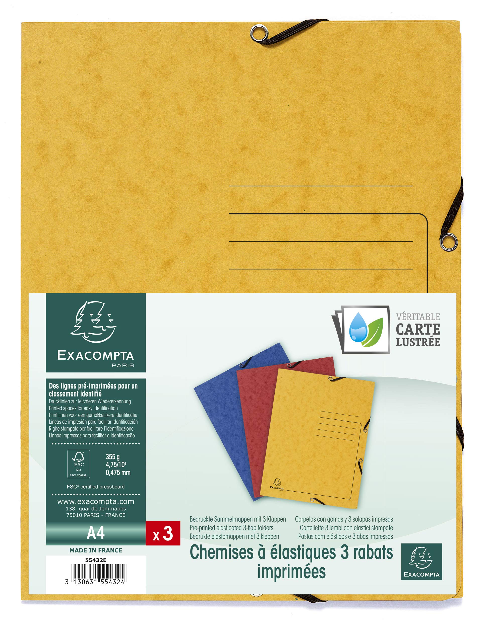 Exacompta - Ref 55432E - Elasticated 3-Flap Folder - 240 x 320mm in Size, Suitable for Storing A4 Documents, 355gsm Mottled Pressboard - Assorted Colours (Pack of 3)