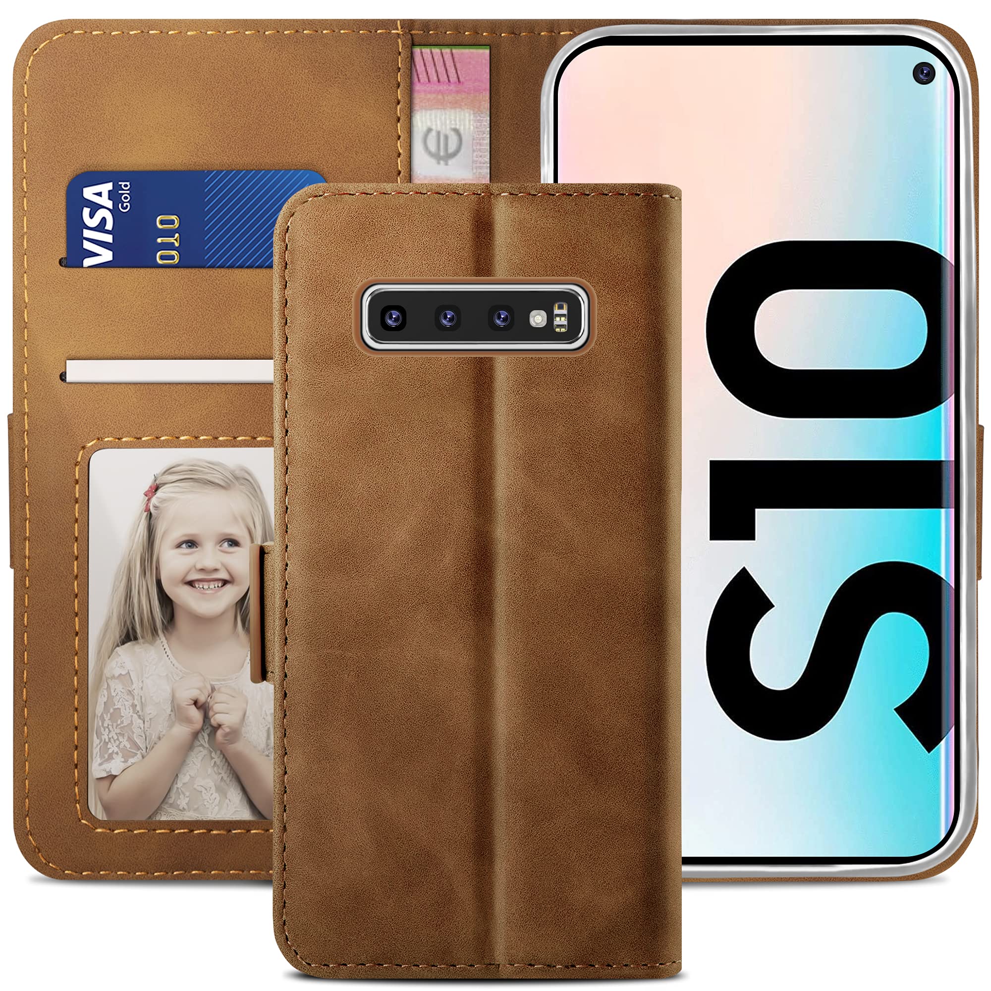YATWIN Compatible with Samsung Galaxy S10 Case, Flip Wallet Leather Case with Card Slot and Shockproof Function Kickstand Phone Cases Cover for Samsung S10 - Brown