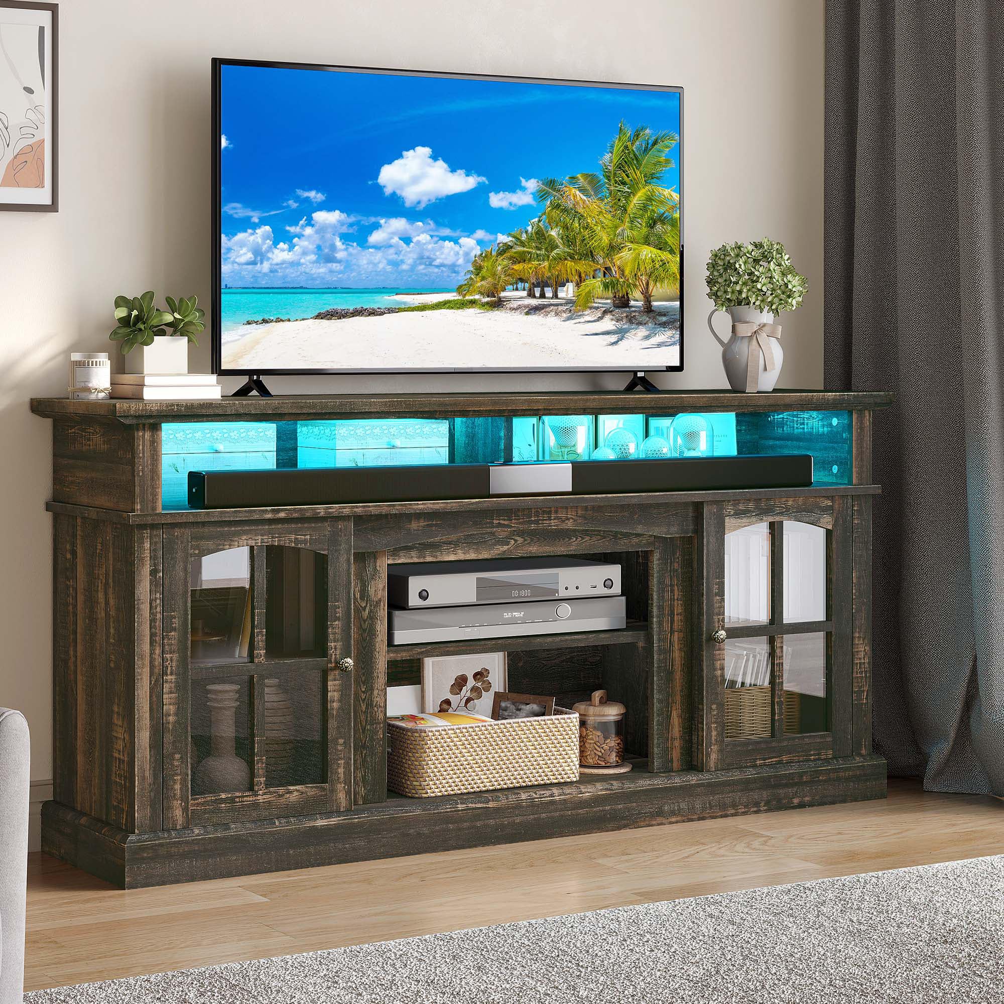 Photo 1 of ***STOCK PHOTO FOR REFERENCE ONLY***
YITAHOME LED Farmhouse TV Stand for 75 Inch w/Outlets, Modern Entertainment Center with Glass Doors and Adjustable Storage Shelves, Media Console TV Cabinet for for Living Room, WHITE