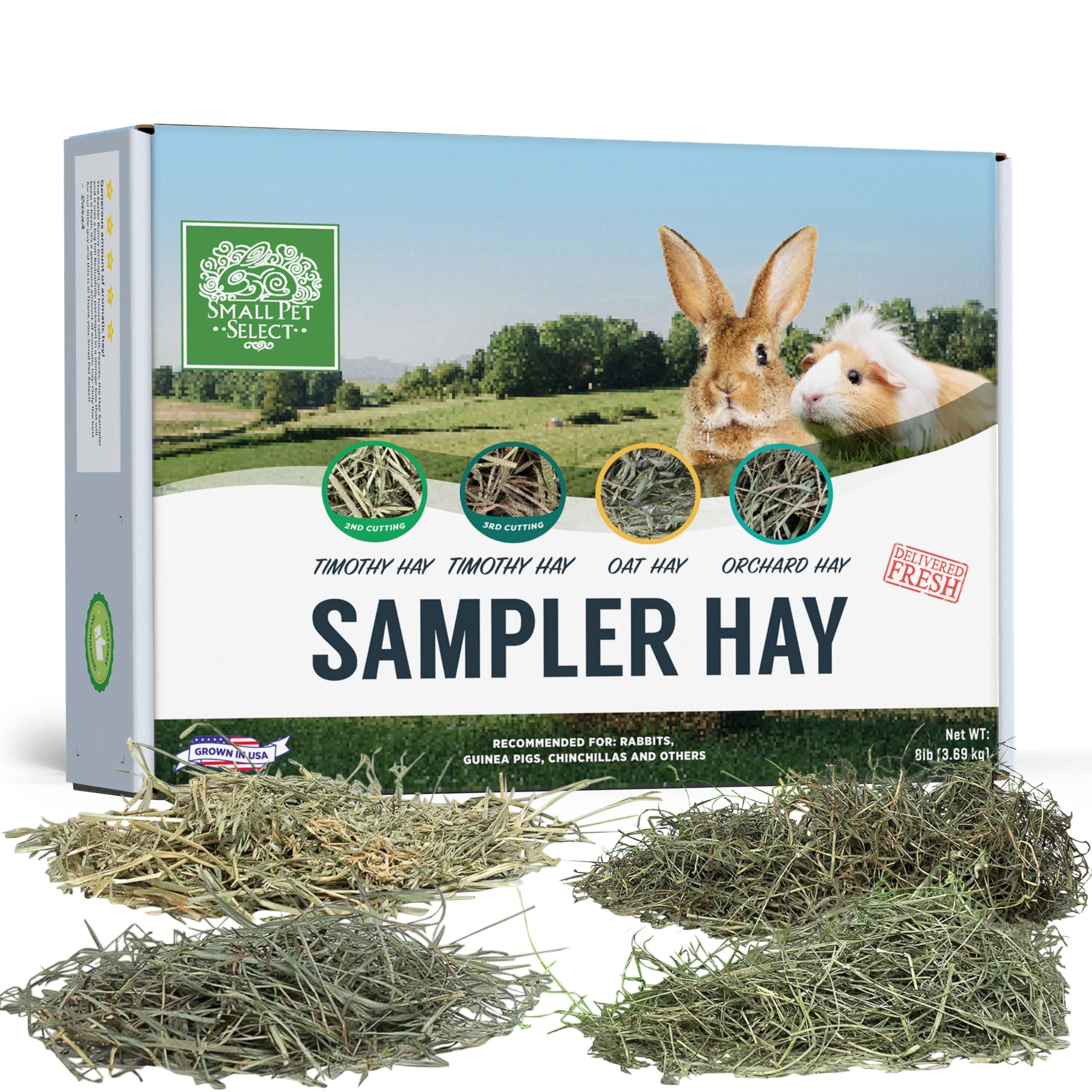 SMALL PET SELECT Sampler Box, This Sampler contains: 2nd cutting Perfect Blend Timothy, 3rd cutting Super Soft Timothy, Oat Hay, and Orchard Hay!