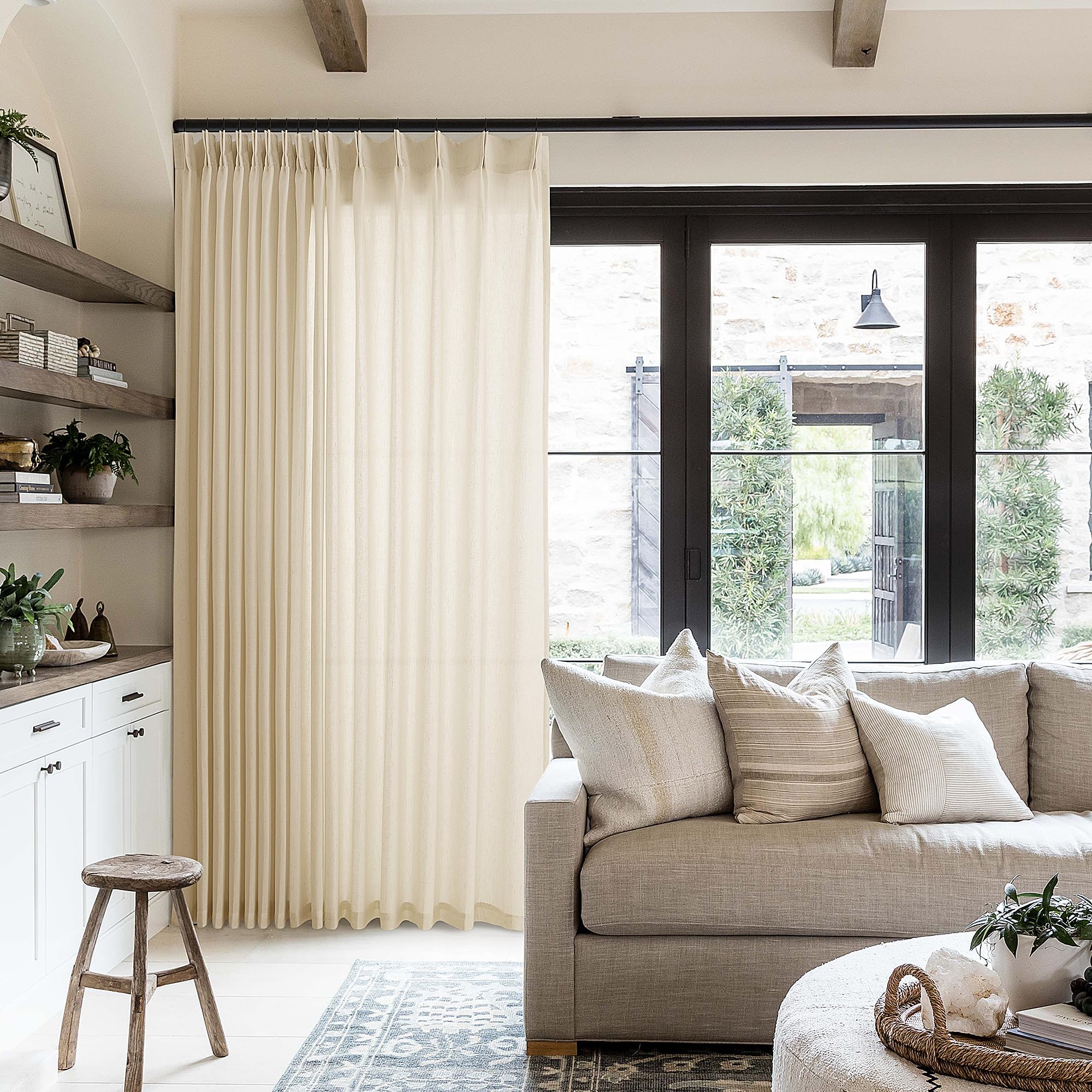Photo 1 of Pinch Pleat Linen Sheer Curtains 96 Inches Long 100 Inch Wide for Patio Sliding Door Light Filtering Semi Sheer Pleated Drapes Back Tab Beige Tan Extra Wide 100 x 96 Curtain for Living Dining Room