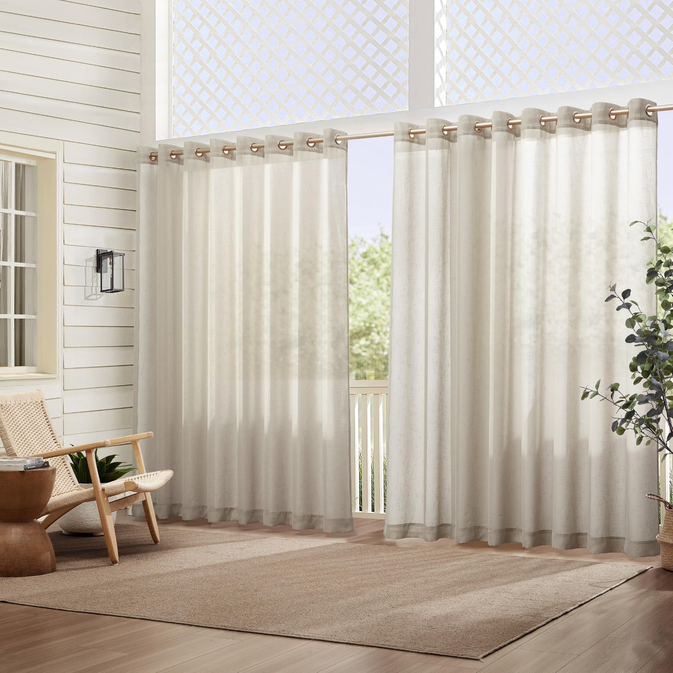 Elrene Home Fashions Carmen Sheer Extra-Wide Weatherproof Indoor/Outdoor Grommet Top Curtain Panel with Coordinating Tieback for Porch, Pergola, Patio, Deck, 114”W x 84”L, Natural