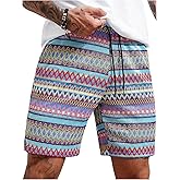 WDIRARA Men's Geometric Print Drawstring Waist Bermuda Shorts Boho Summer Beach Shorts with Pockets