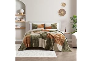 SHALALA NEW YORK SHALALA Velvet Quilt,King Quilt Bedding Sets,Lightweight Comforters,Luxury Patchwork Bedspreads and Coverlets with Soft Brushed Microfiber Back for All Season(Green Patchwork,King)
