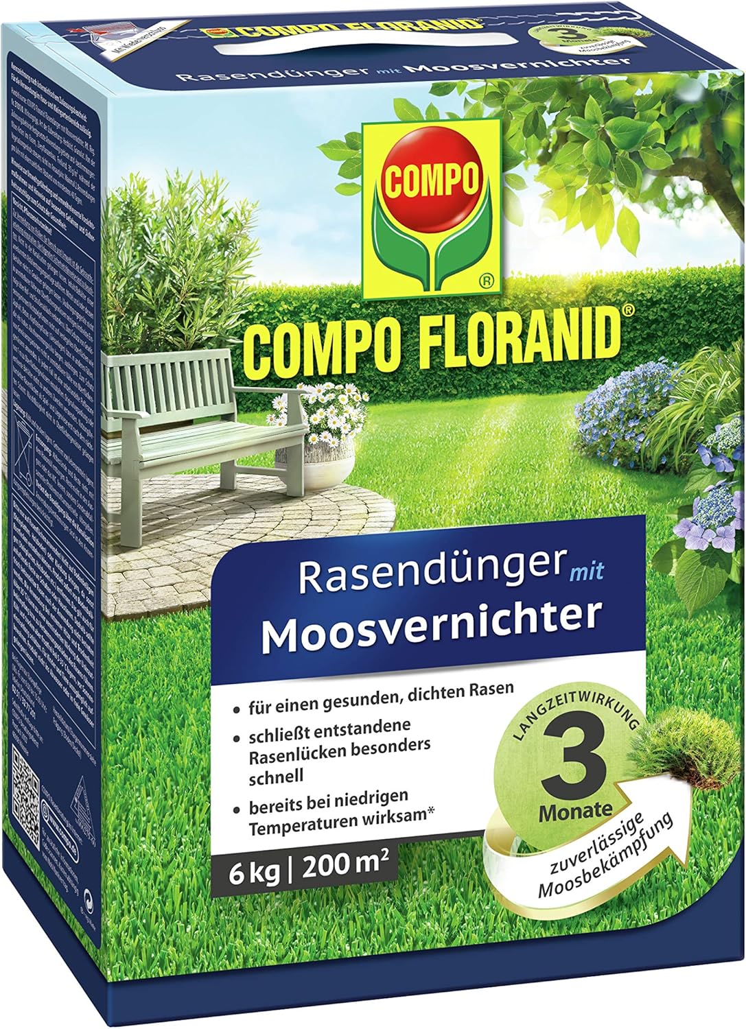 Compo FLORANID Rasendünger mit Moosvernichter, 3 Monate Langzeitwirkung, Feingranulat, 6 kg, 200 m²