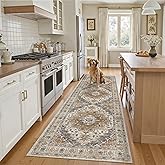 Madane Runner Rug 2'6''x8' Kitchen Runner, Hallway Runner Printed Vintage Washable Rugs Soft Non-Slip Low Pile 2.5x8 ft Runners for Hallways Laundry Room Rug Distressed Rug, Turmeric/Grey