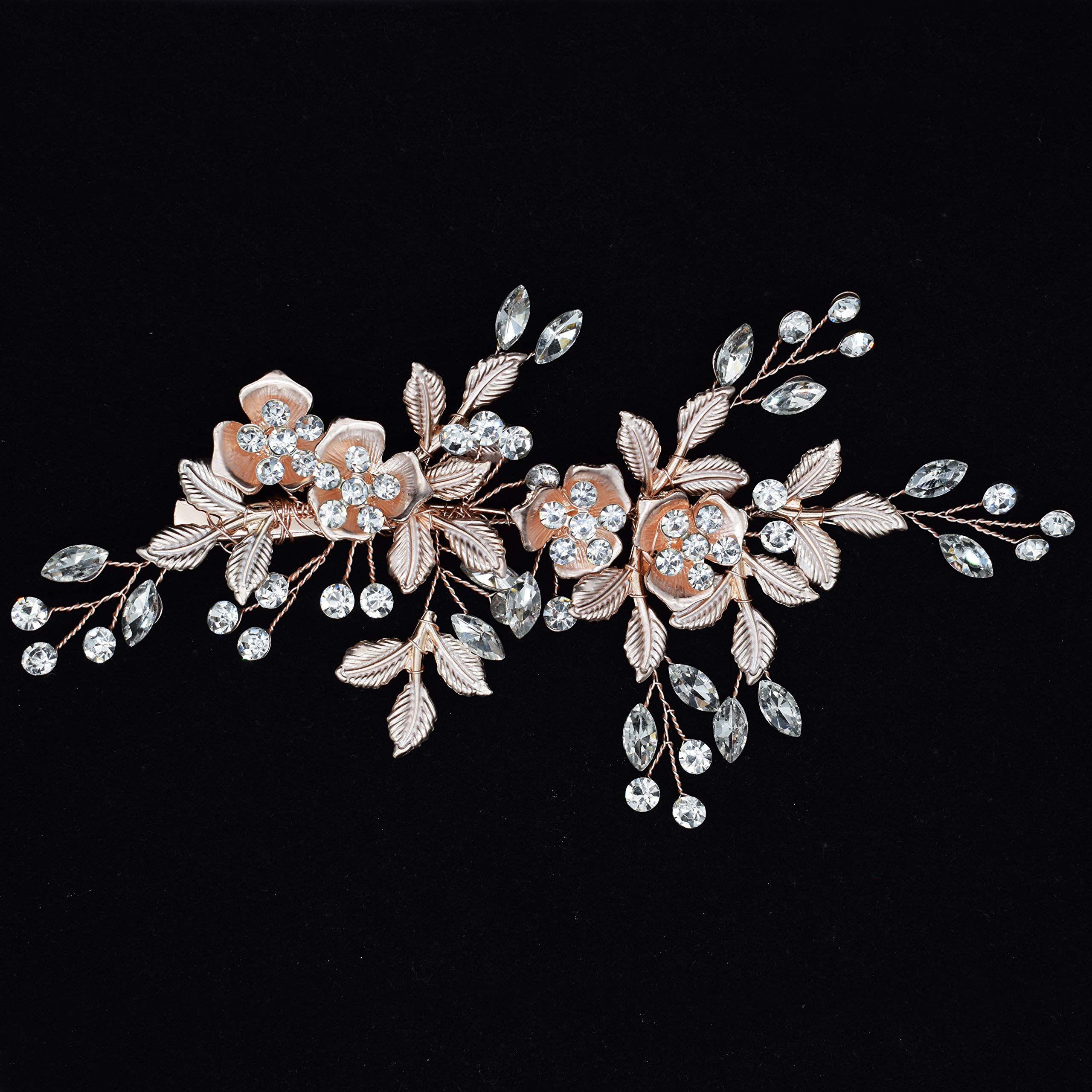 Wedding Hair Clip, Fanvoes Hair Accessories Pieces for Brides Bridal Rose Gold Vintage Headpiece Comb Barrette Hair Decorations Jewelry Handmade Flower Rhinestone Crystal for Women Girls Bridesmaid