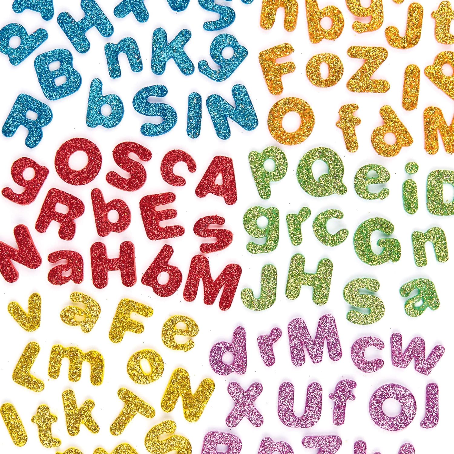 Baker Ross EX594 Glitter Letter (Pack of 850) Puffy Scrapbook Stickers in Fun Self Adhesive Foam Shapes, Vinyl, Assorted, 1cm-1.5cm