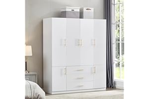 TrendTerrace 4 Door Armoire Wardrobe Closet, Wood 3 Drawers White Closet Armoire Dresser for Bedroom for High Storage Capacity, Armoire Storage Cabinet with Hanging Rod 63" L x 20.3" W x 74.2" H