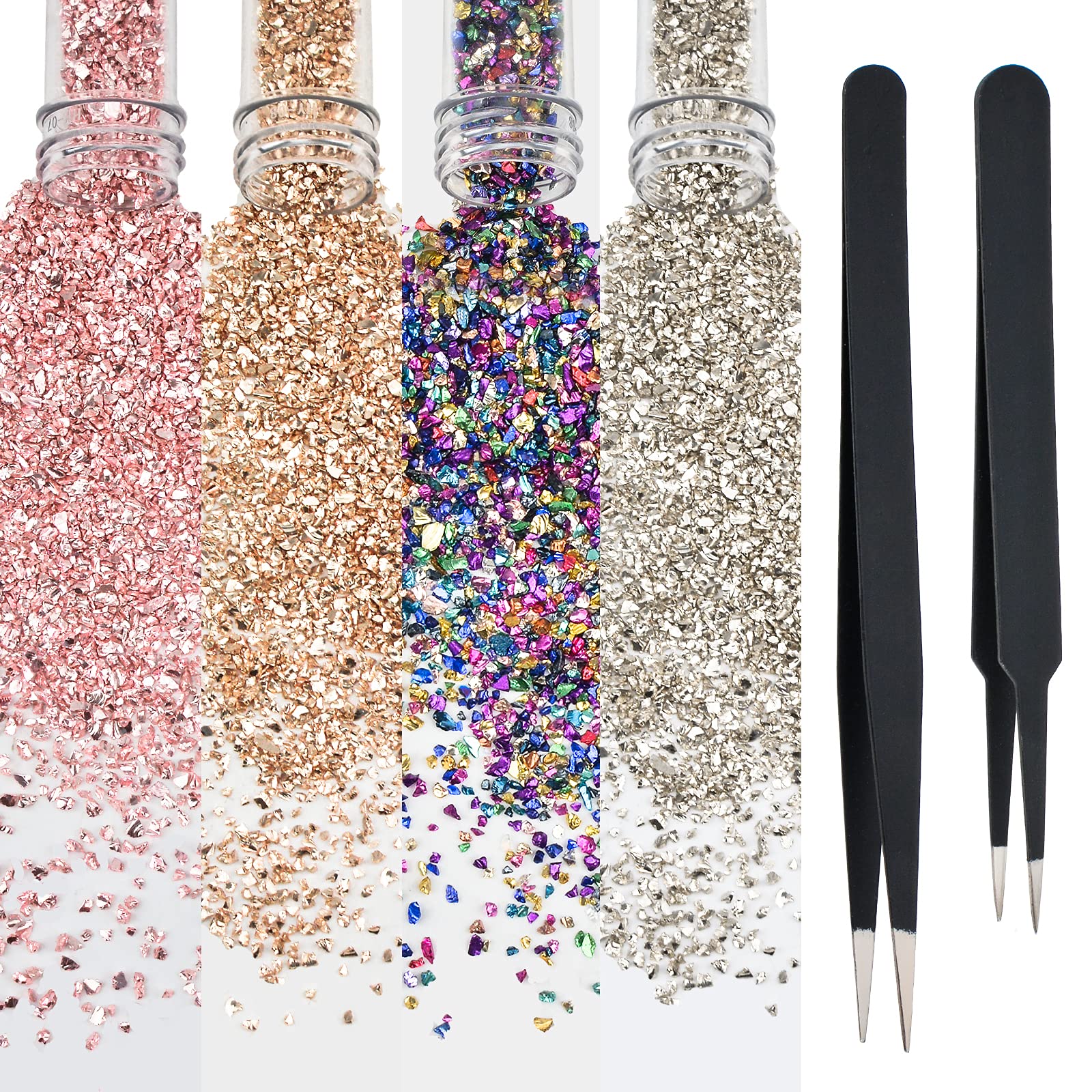 WANDIC 4 Color Crushed Glass, Irregular Chips 2-4mm champagne Sliver Pink Mixed Color Glitter Crushed Broken Glass Filler with Tweezers for Resin Crafts Nail Art Painting