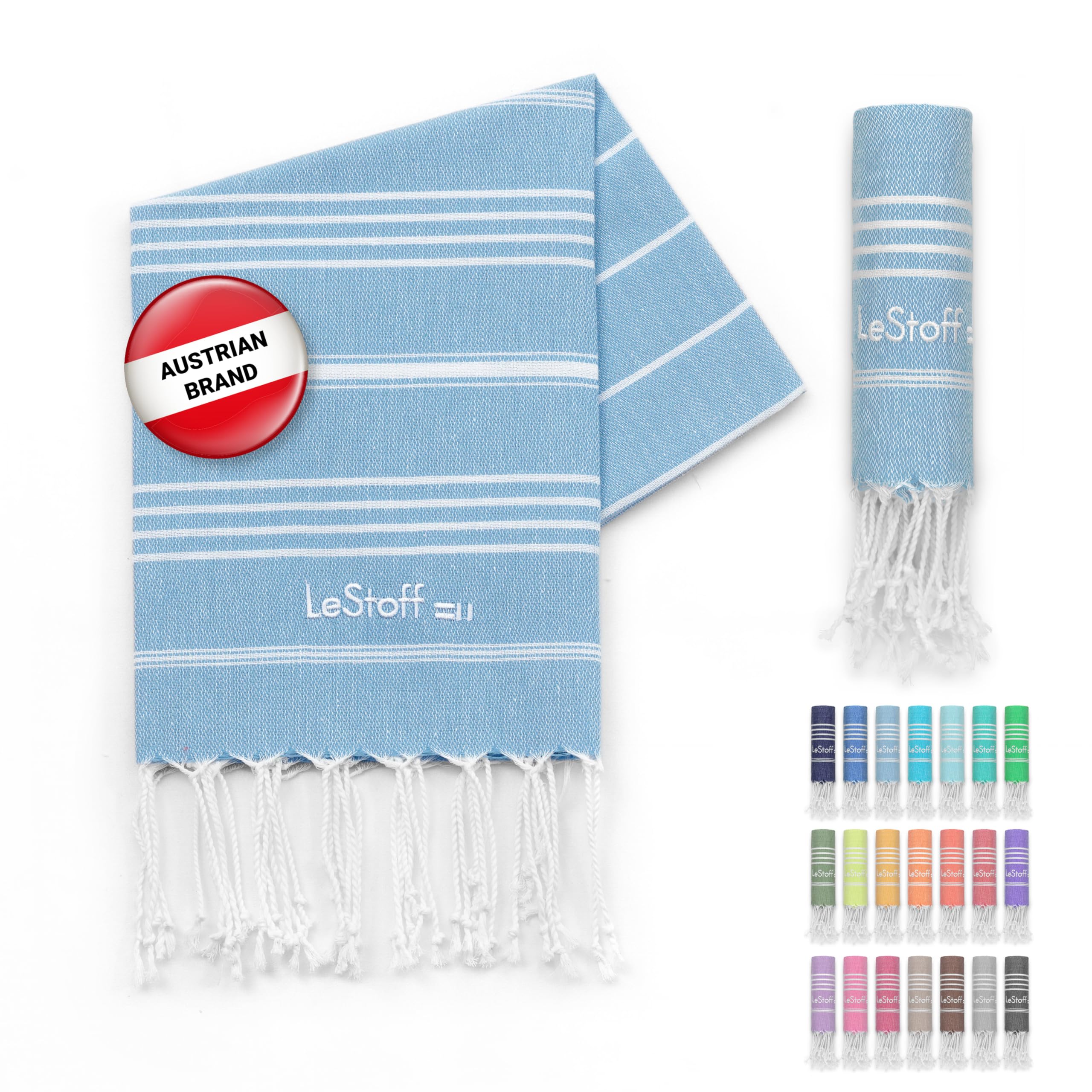 LeStoff Premium Hammam Towel - 100% Organic Cotton - Pre-washed Sustainable Absorbent & Quick-drying - Beach, Bath, Shower, Yoga, Spa & Travel Towel (50 x 100 cm, Light Blue)