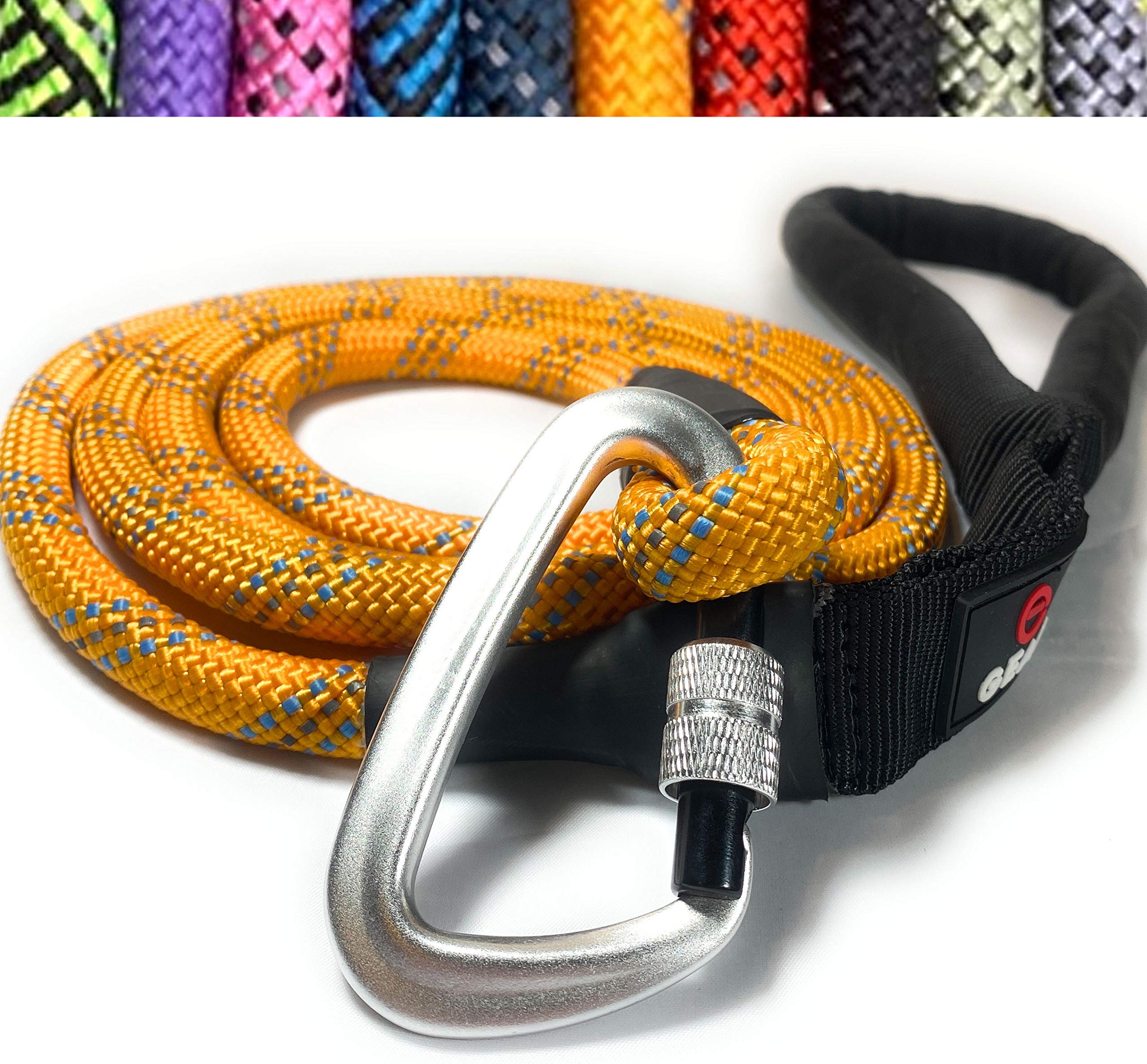 Locking Carabiner Dog Leash – Heavy Duty Rope Leash for Large & Medium Dogs | Reflective with Strong Clip & Padded Handle for Walking, Hiking, Running, Training - 6 Ft (Orange)
