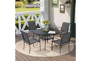 DIFY Outdoor Dining Set for 4, Patio Dining Furniture Set includes 42" Black Round Table with Adjustable Umbrella Hole and 4 Grey Stackable Metal Chairs for Poolside, Garden, Backyard