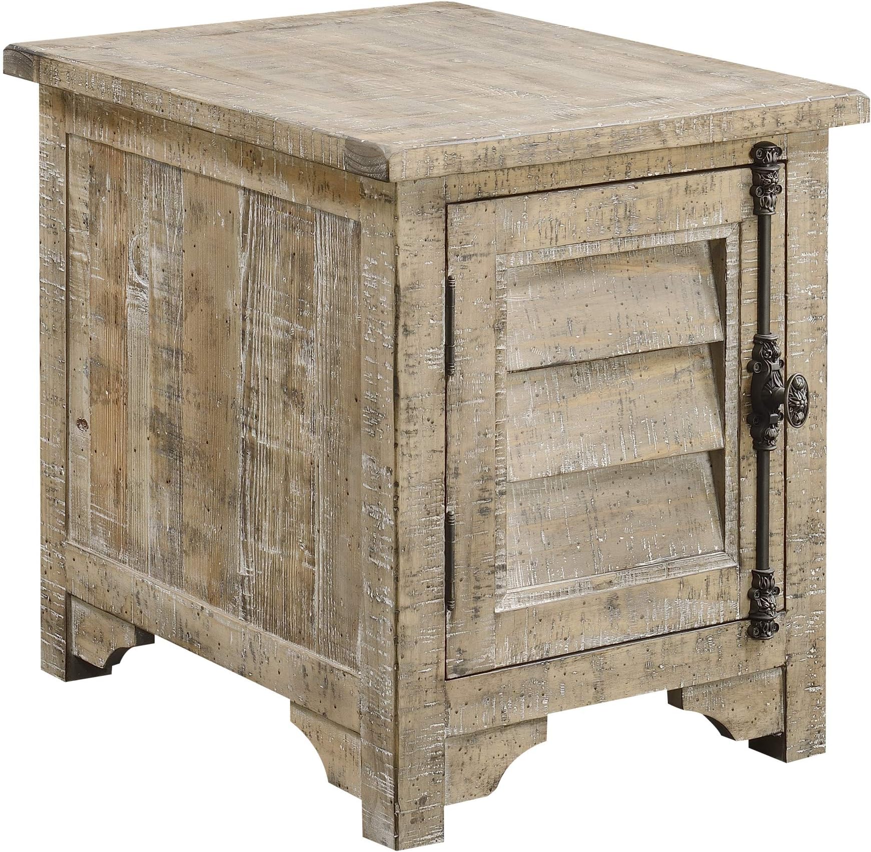Emerald Home Furnishings Interlude Sandstone Gray End Table with Two Shelves, Plank Style Top, and Louvered Door with Vintage Hardware Grey/Standard//Rectangle/Casual/Rectangle