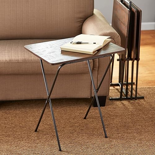 5-Piece Folding Tray Table Set with Stand, Saw Cut Brown, 20 inch