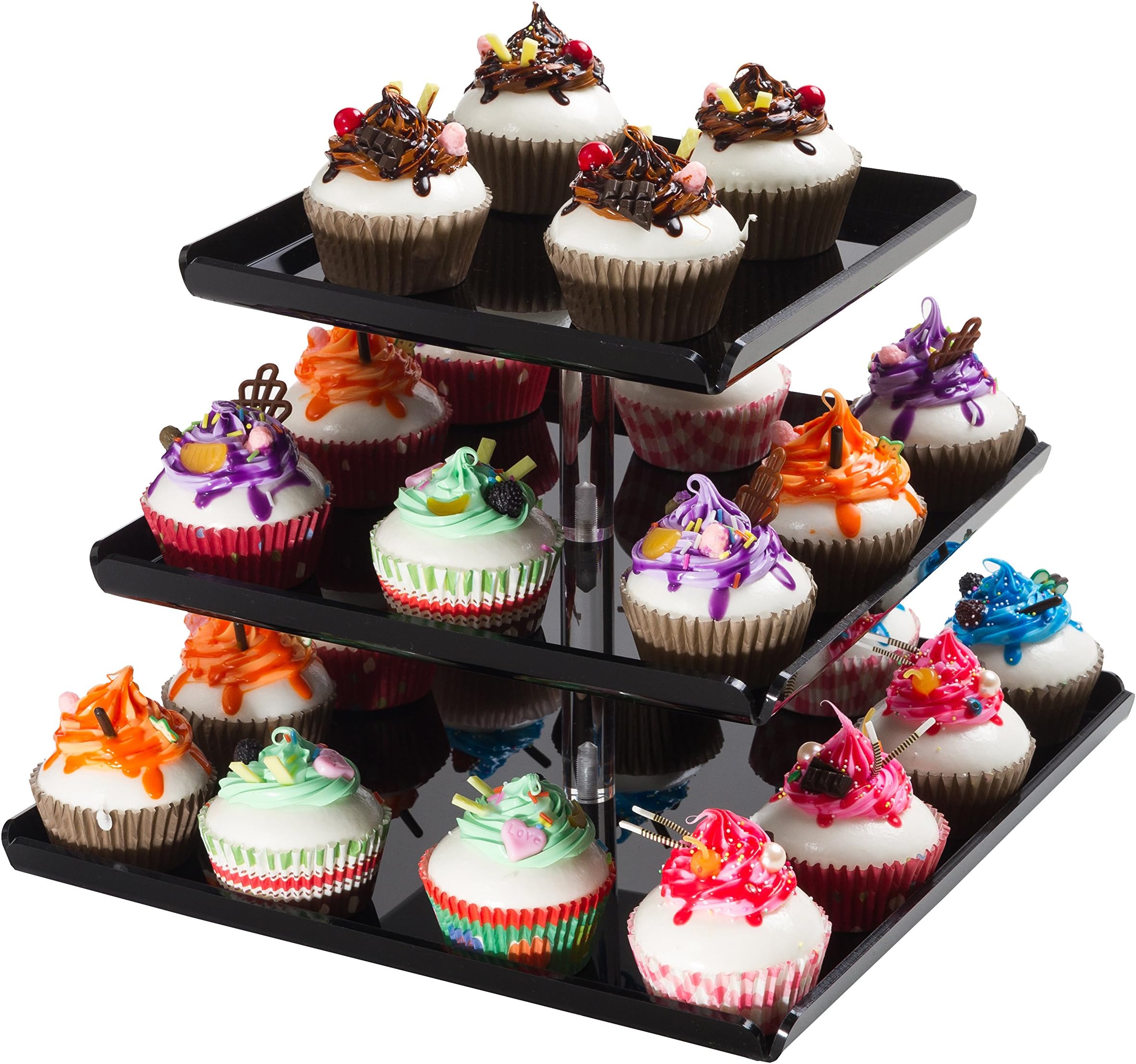 SinoAcrylic Strong Sturdy Acrylic 3-Tier Square Cupcake Stand with Borders and Stable Screw - On Elegant Black Plate - Dessert Display Tower - Cupcake Tower