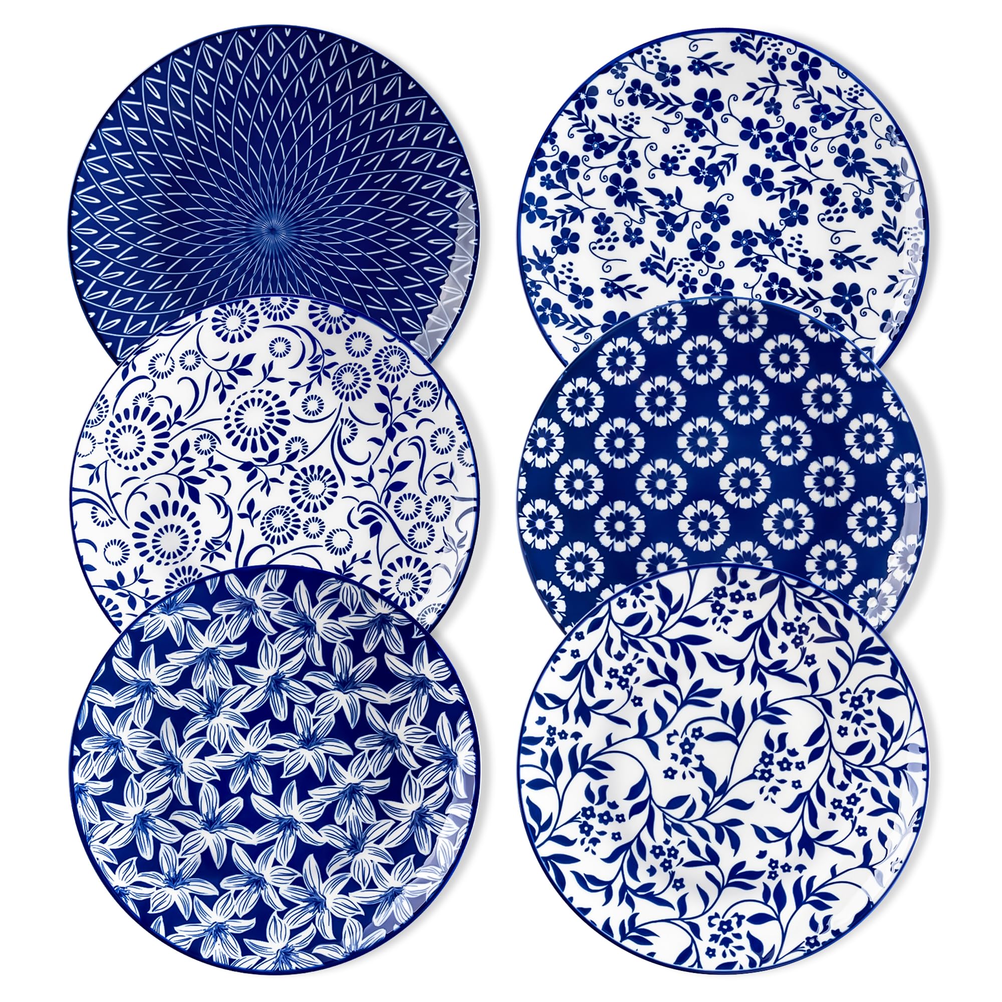 vancasso Selene 8.25 Inch Dinner Plates Set of 6, Small Porcelain Vintage Blue Plates for Pasta,Dessert,Salad,Appetizer,Steak/Main Course, Microwave & Dishwasher Safe, Scratch-Resistant