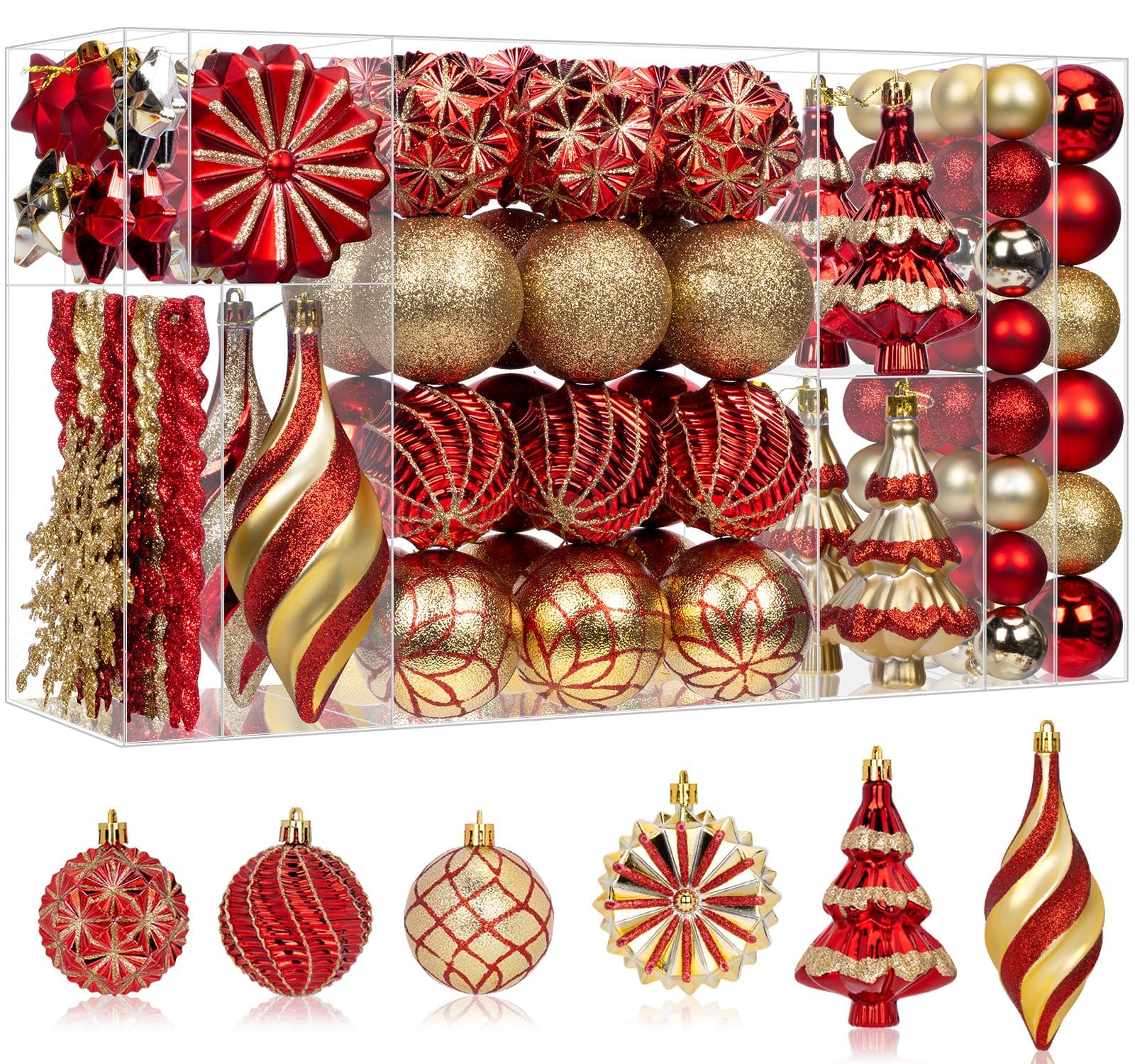Photo 1 of 108 Pcs Christmas Ball Ornaments Set, Red and Gold Shatterproof Hand-Painted Hanging Bulbs Bulk, Decoration for Xmas Tree, Wreath, Garland, Home Holiday Decor
