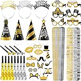 JellyArch 104 Pcs New Year Eve Party Supplies 2026 New Years Decorations Include 18 Tiara Headband 12 Cone Hats 12 Glasses 12 Noise Makers 24 Bead Necklace 12 Blowouts 14 Photo Booth Prop 2026 Year