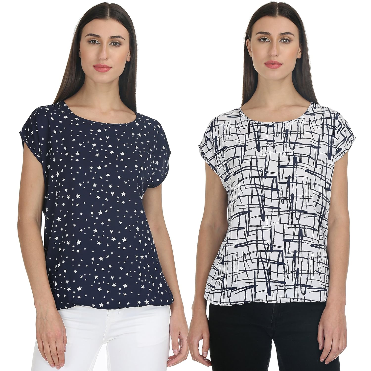 deewa pack of 2 blue stars and white lined printed women tops