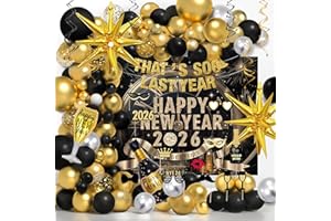 Party Spot! 2026 Huge Happy New Year Decorations Black and Gold, Happy New Year Decorations Kit - 2026 Backdrop, "THAT'S SOO LAST YEAR" Banner, Multi Foil Balloon,Photo Props,Swirls