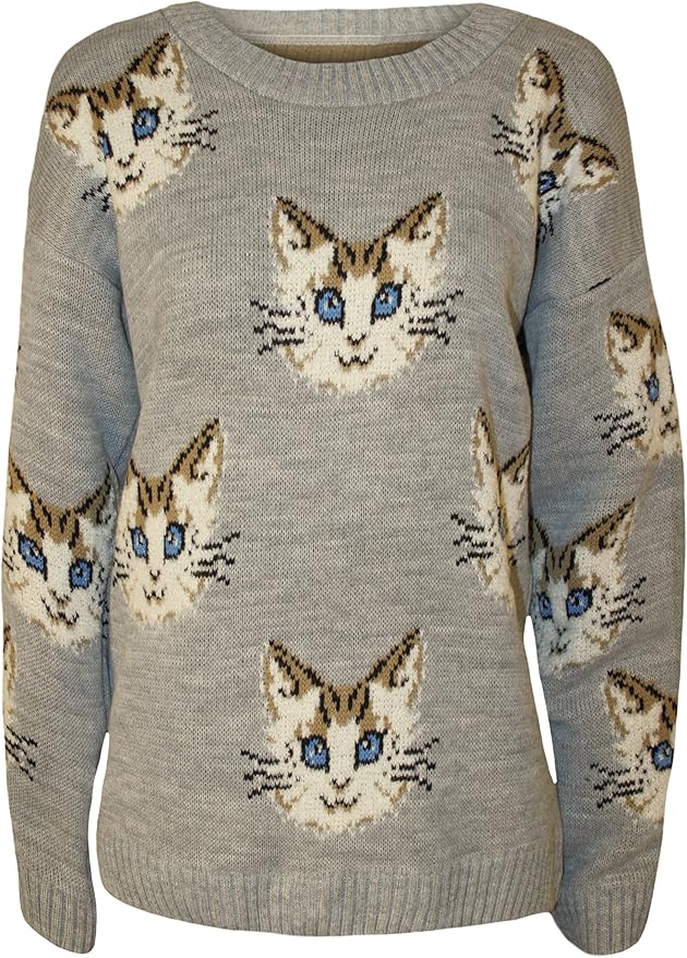 WearAll Womens Cat Kitten Animal Print Ladies Long Sleeve Knitted ...