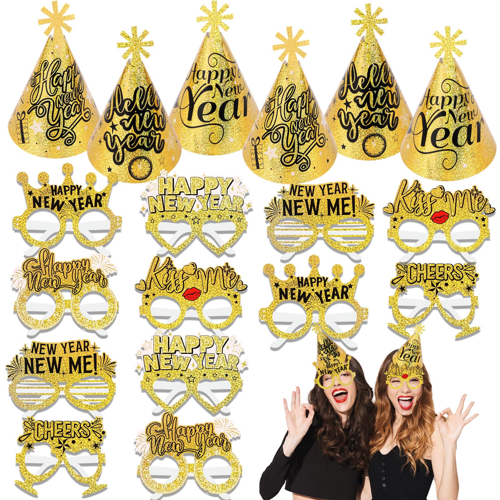 HOWAF 18pcs New Years Eve Decorations 2026, Glitter New Years Eve Hats NYE Hats Paper 2026 Glasses Eyeglasses Photo Props for new Year eve Party Accessories, NYE Party Decorations 2026, Black Gold
