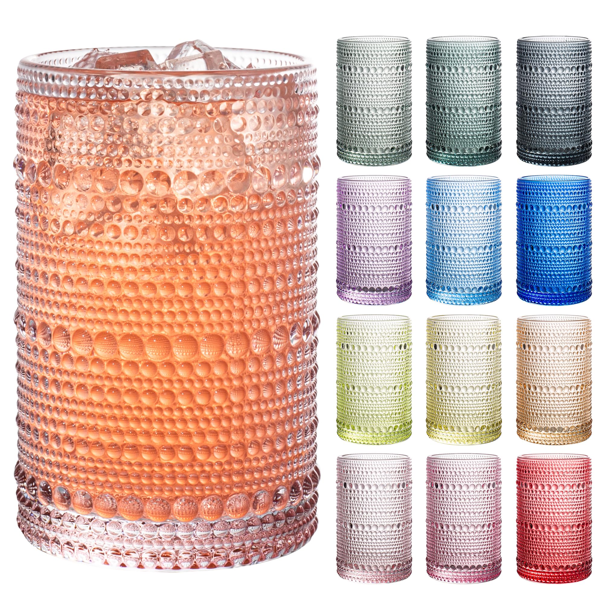 Bandesun Vintage Hobnail Drinking Glasses Set of 12, 13oz Colorful Beaded Bubble Glass Cups for Kitchen, Multiple color Embossed Water Tumbler for Whiskey,Cocktail, Beer, Wine, Water & Juice Image