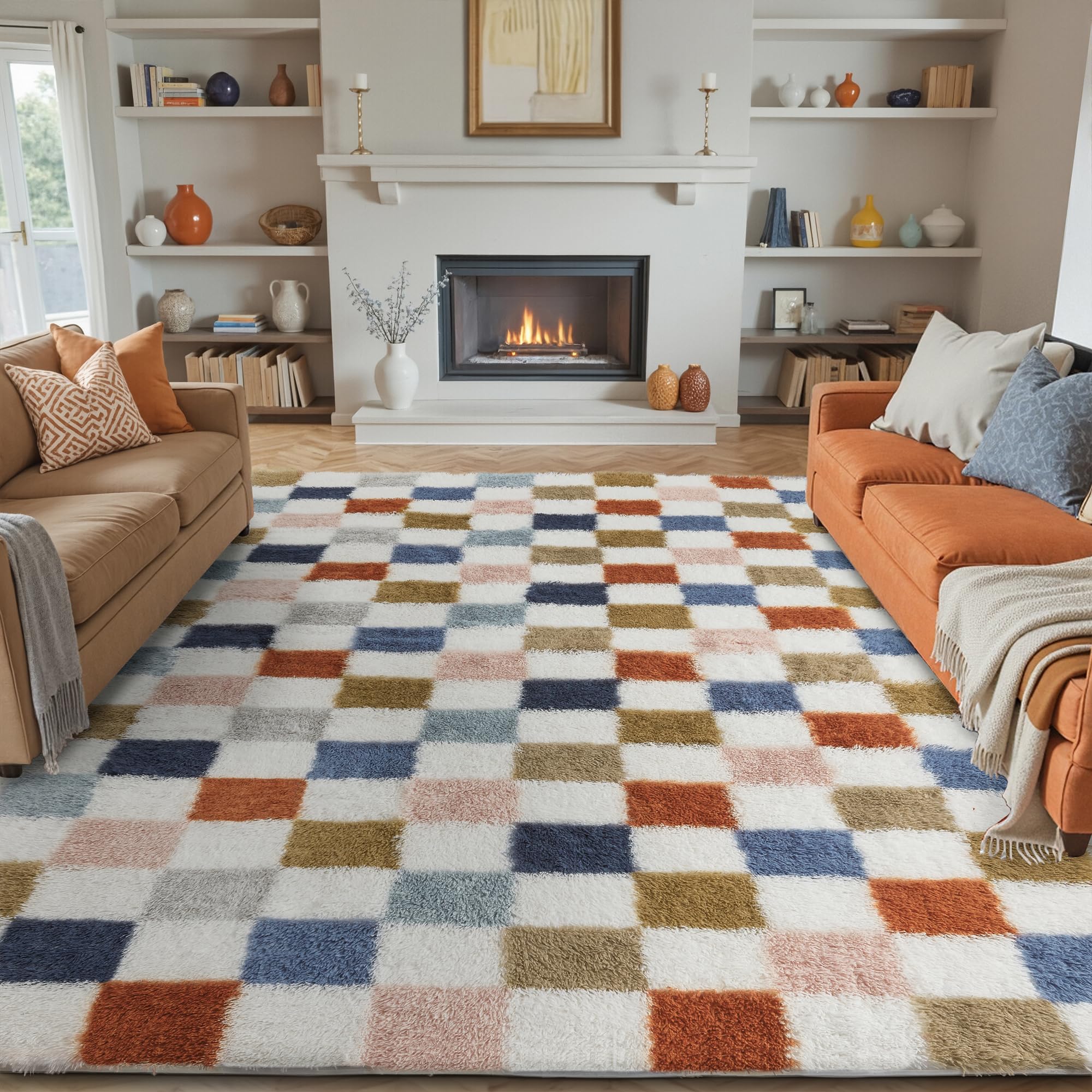 Photo 1 of PureCozy Checkered Rug 6x9 for Living Room, Modern Rainbown Shag Rug Washable Non-Slip Large Area Rug Super Soft Indoor Fuzzy Carpet Fluffy Rugs for Bedroom Home Aesthetic Decor