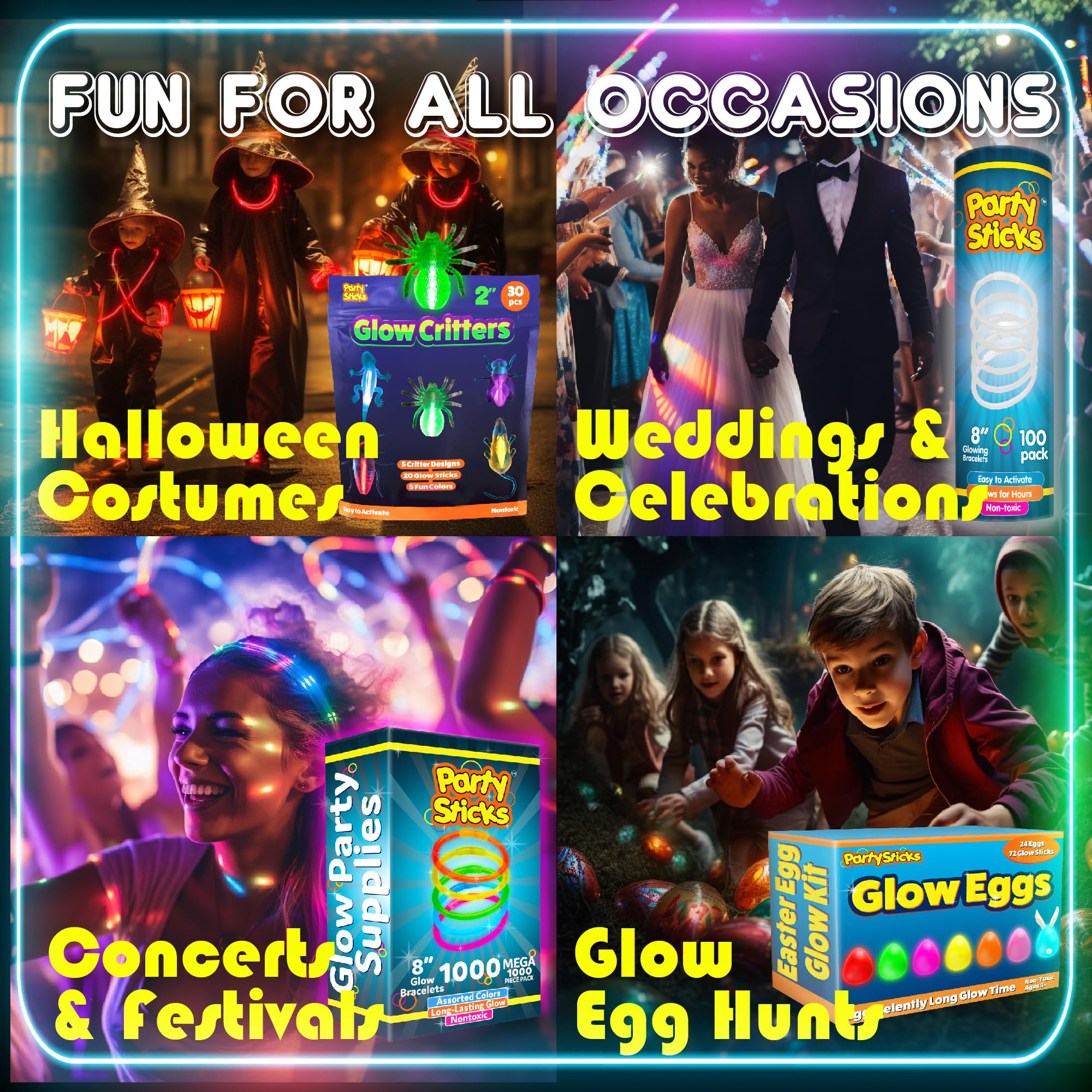 PartySticks 205pc Glow Sticks Bulk Party Supplies - Party Favors for Kids, Glow in The Dark Party Pack - Eye Glasses, Bracelets, & Necklaces - Easter Basket Essentials, Wedding Favors