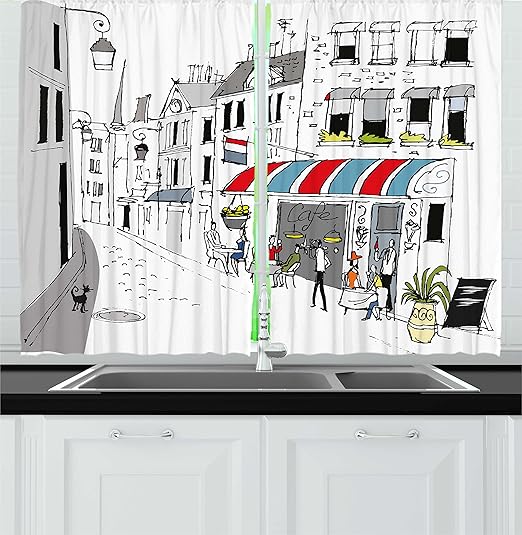 Amazon Com Ambesonne Paris Kitchen Curtains Drawing Of A Street