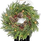 8 Modes & Timer - 24" Lighted Christmas Wreaths for Front Door with 50 LED, Real Touch Norfolk Pine Wreath Cedar&Cypress Tips Pinecones Berries Artificial Xmas Door Wreath for Home Indoor Wall Window