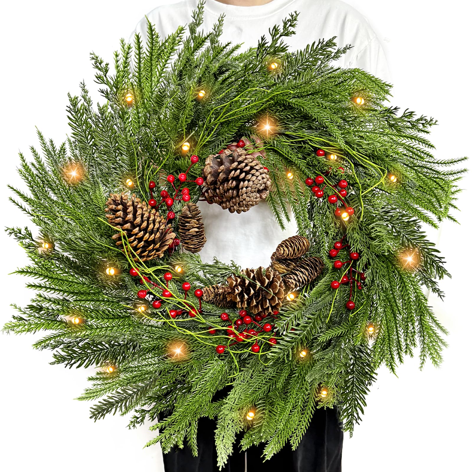 Photo 1 of 8 Modes & Timer - 24" Lighted Christmas Wreaths for Front Door with 50 LED, Real Touch Norfolk Pine Wreath Cedar&Cypress Tips Pinecones Berries Artificial Xmas Door Wreath for Home Indoor Wall Window