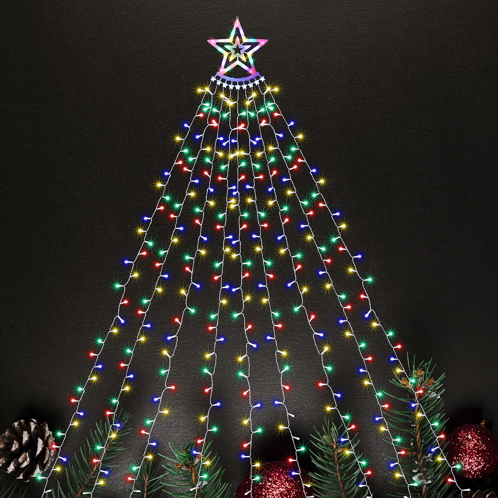 SALCAR Outdoor Christmas Lights, 3.5m x 9 Strands Fairy Lights with 30cm Star Topper, 350 LEDs, 8 Lighting Modes Christmas for Indoor, Outdoor, Garden & Yard Tree Decor, (Cold White) (Multicolor)