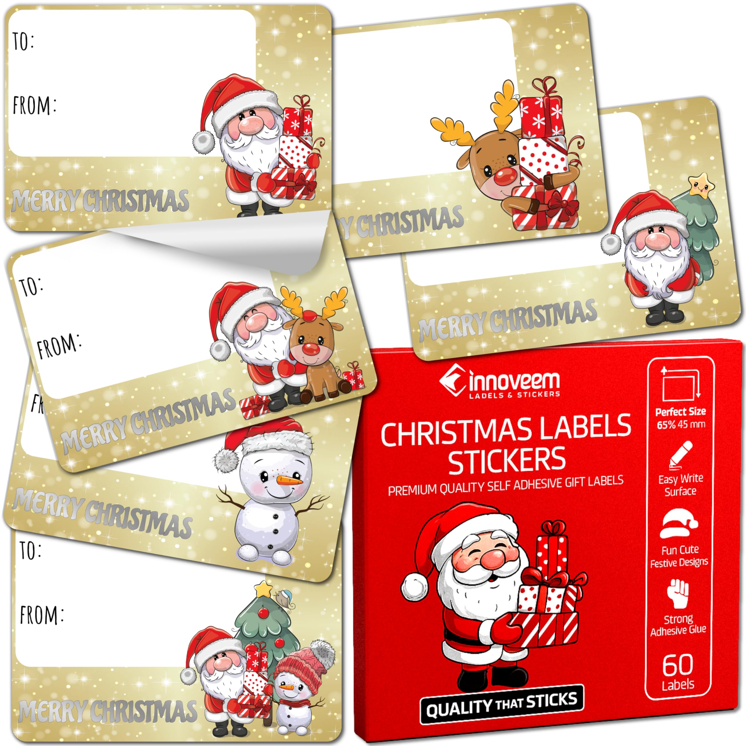 Christmas Labels Stickers for Presents - 60 Christmas Sticky Labels with Cute Xmas Designs - Size 65 x 45mm Xmas Stickers for Presents - Easy Write Surface Sticky Festive Tags by Innoveem