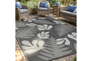wikiwiki Outdoor Rug, 5x8ft Waterproof Reversible Mat Indoor Outdoor Rugs Carpet, Small Area Rug Plastic Straw Rug for Patio Deck Balcony Pool RV Camping Beach Picnic, Grey Leaves, Rugscape Series