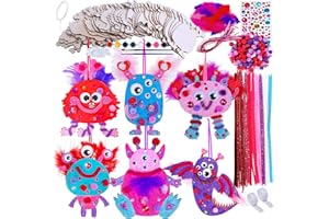 WINLYN 36 Sets Valentine's Day Craft Kits DIY Valentine Monster Wood Ornaments Decorations Art Sets Assorted Paintable Unfinished Wood Monster Cutouts Pom-Poms Googly Eyes for Kids Valentine Party Activity