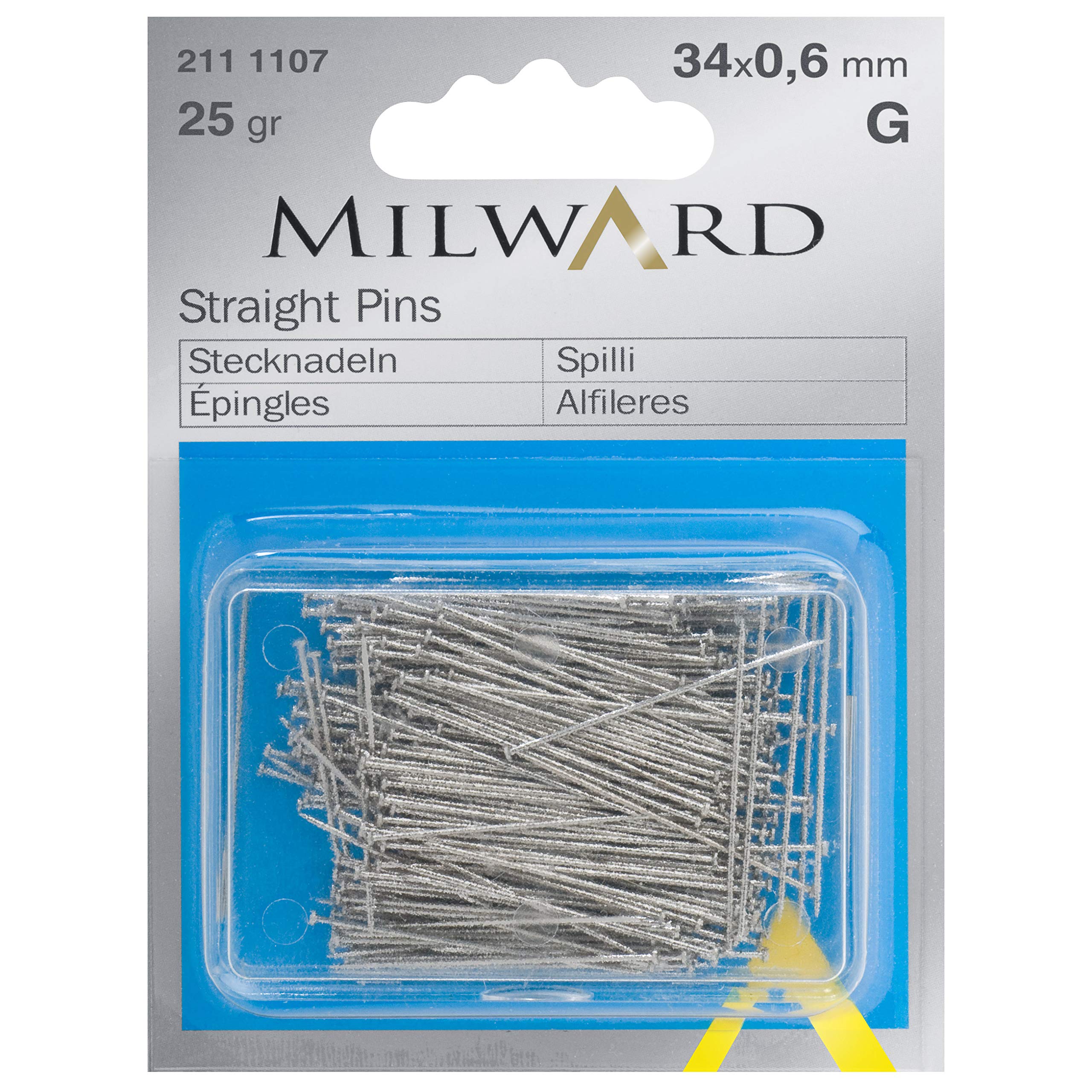 MILWARD Straight Sewing Pins, Hardened Steel, Silver, 34mm, 25g