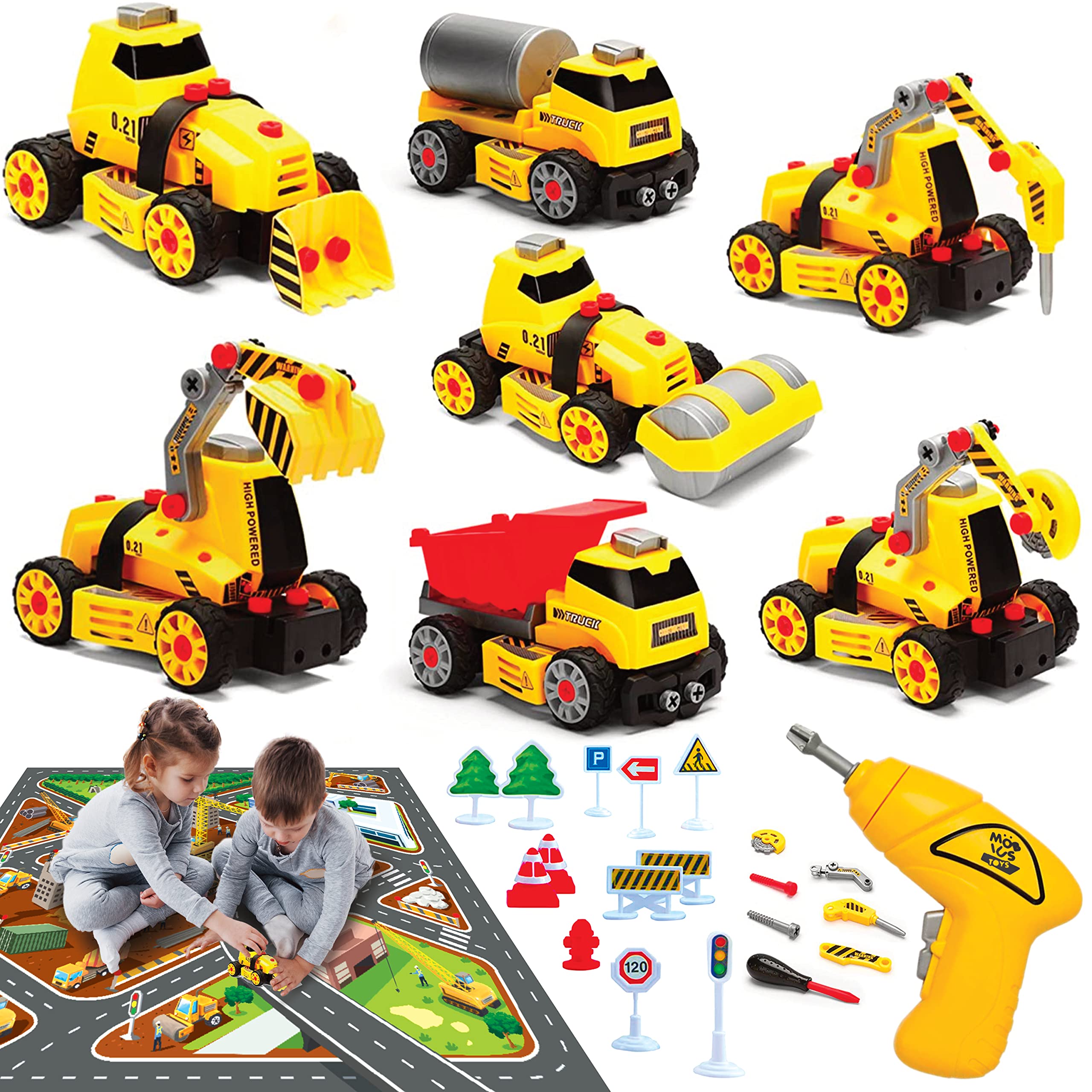 7-in-1 Take Apart Construction Toys 84pcs DIY Engineering Playset with Electric Drill, Play Mat, and Road Signs, Push & Go STEM Learning Bundle w/Lights, Sounds for Early Education, Boys and Girls 4+