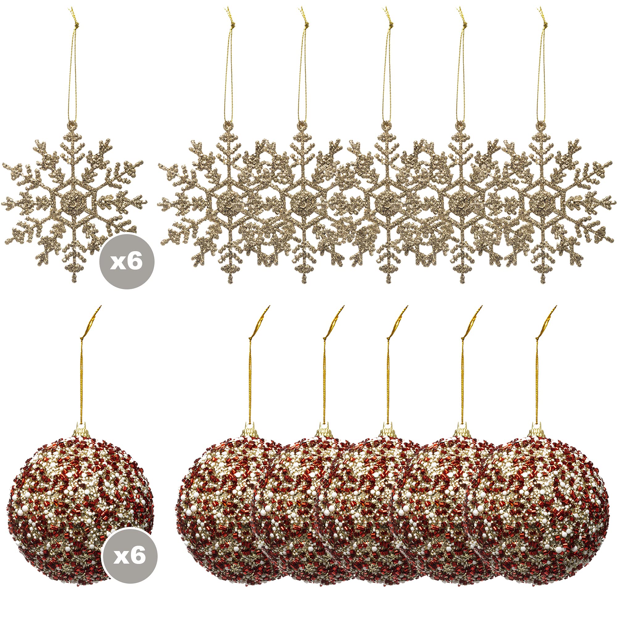 Pack of 6 White red and Gold Christmas Balls + 6 Golden Scales Christmas Ornaments