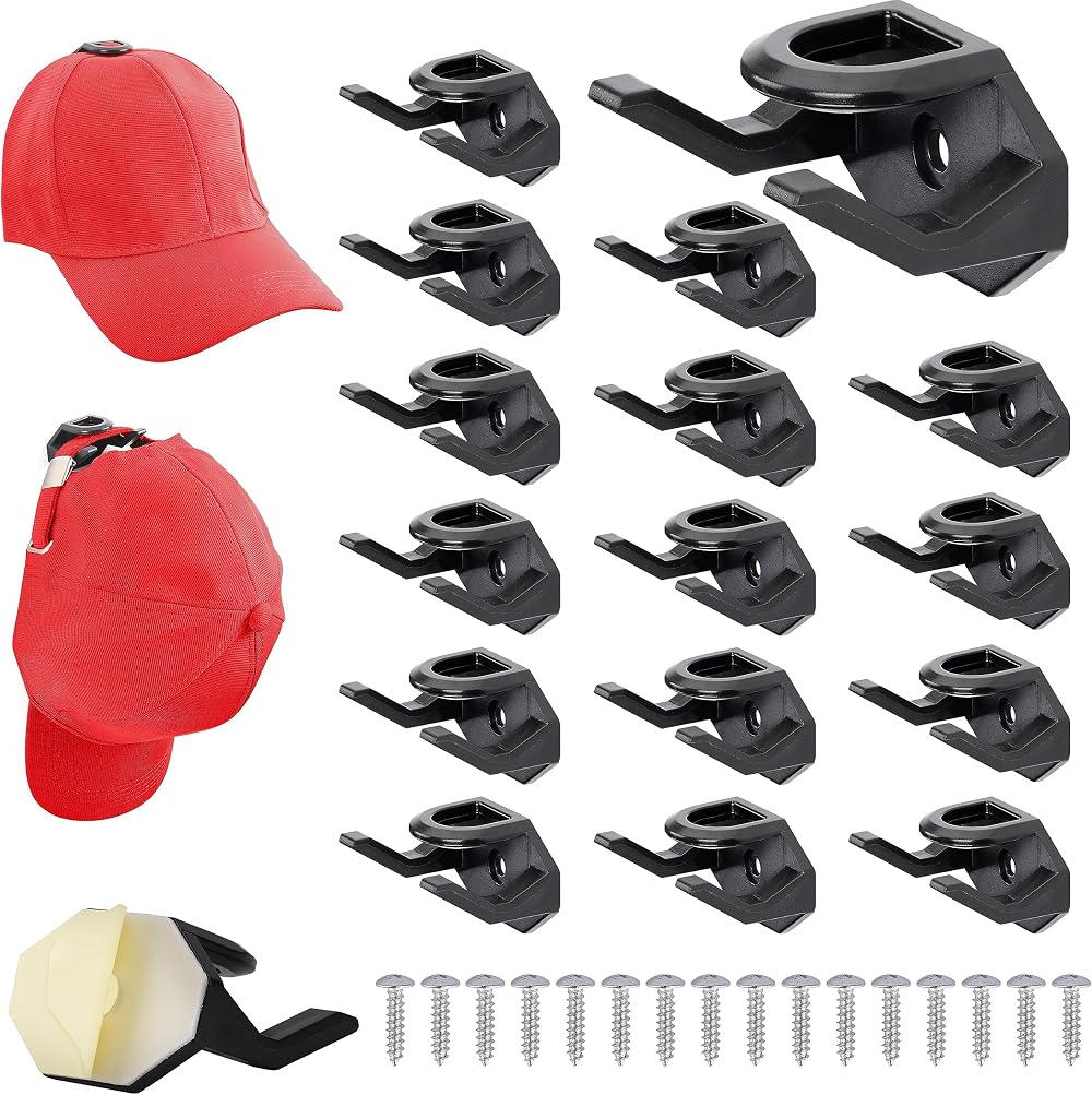 BELLE VOUS 16x Black Self-Adhesive Hat Hooks - Wall Mount Display Organiser Rack