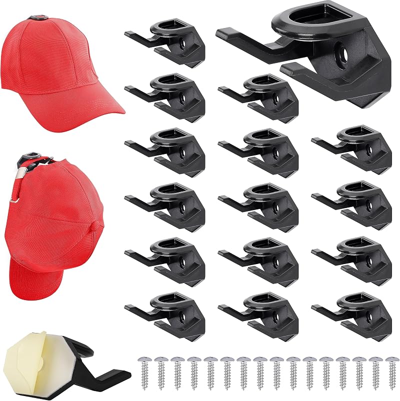 BELLE VOUS 16x Black Self-Adhesive Hat Hooks - Wall Mount Display Organiser Rack