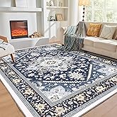 OPPODREAM Soft Area Rugs 5x7, 5x7 Washable Rug with Non Slip Backing, 5 x 7 Faux Cashmere Low-Pile Carpet, Navy Blue & Gold